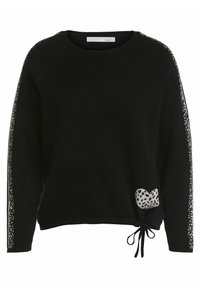 Schwarzer Strickpullover mit rundem Ausschnitt, verziert mit weißen Leopardenmuster-Akzenten entlang der Ärmel und einem Leopardenmuster-Detail am Saum.