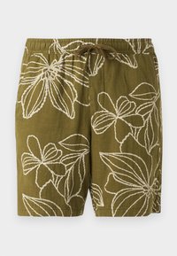 Olivenfarvede linnedshorts med hvid blomsterbroderi, udstyret med elastisk talje og snørre for justerbar pasform.