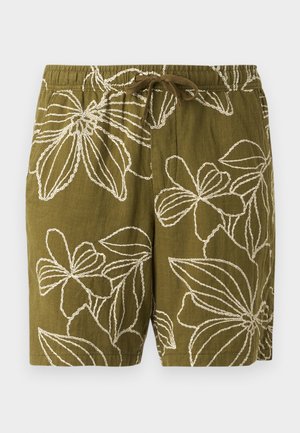 Olive green linen shorts with white floral embroidery, featuring an elastic waistband and drawstring for adjustable fit.
