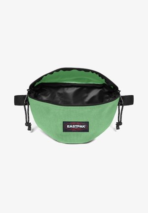 Banane Eastpak verte avec fermeture éclair noire, intérieur noir, patch logo sur le devant et sangle noire réglable avec boucle sur fond blanc.
