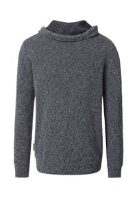 Dunkelgrauer Strickpullover mit langen Ärmeln, einem strukturierten Muster und einem umgeschlagenen Trichterkragen, von hinten gezeigt.