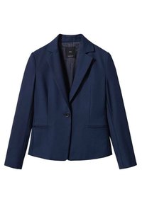 Blazer marine à fermeture à un bouton, revers crantés et deux poches avant. Texture lisse et coupe ajustée pour un look cintré.