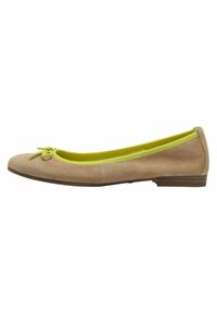Beige suede ballet flat with a rounded toe, green textured lining, and a decorative bow on the front. Flat heel for comfort.