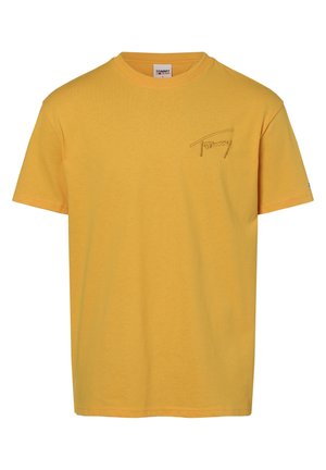 T-shirt giallo in cotone con maniche corte, colletto a giro, e logo ricamato sottile sul petto. Texture morbida e vestibilità rilassata.