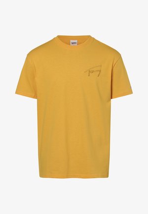 Keltainen puuvillainen t-paita, jossa on lyhyet hihat, pyöreä kaula-aukko ja hillitty kirjailtu logo rinnassa. Pehmeä rakenne ja rento istuvuus.