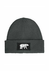 Dark gray ribbed knit beanie with folded cuff featuring a black patch displaying a geometric white bear design.