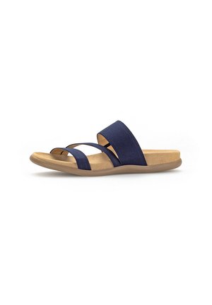 Navy blue fabric slide sandals with two thin straps and a wide toe band, featuring a textured tan insole and a flexible beige sole.