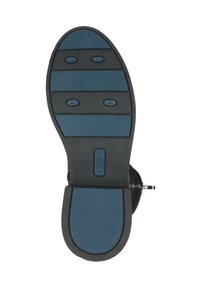 Suela de zapato negra con una superficie de goma texturizada azul. Presenta tres acentos circulares azules y un borde negro liso. Adecuada para uso casual.