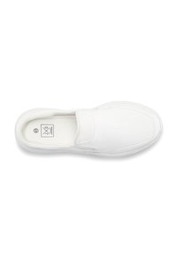 White slip-on shoe with smooth leather exterior, rounded toe, elastic side panels, and cushioned insole. Minimalist design, no visible patterns.
