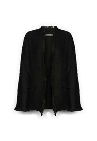 Czarny, teksturowany kardigan z otwartym przodem, ozdobiony frędzlami na kołnierzu, mankietach i dolnym brzegu, z dwoma przednimi kieszeniami.