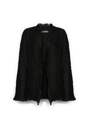 Sort tekstureret cardigan med åben front og frynsekant på krave, manchetter og kant, med to forlommer.