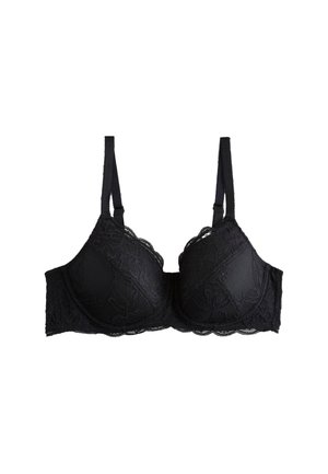 Soutien-gorge à armatures en dentelle noire avec bretelles réglables et motifs floraux, conçu pour le maintien et le style décoratif.
