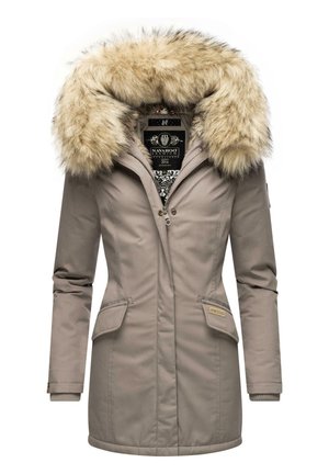 Beige parka jacket with a large faux fur hood, dual front pockets, and ribbed cuffs. Features a zipper and button closure with brand label inside.