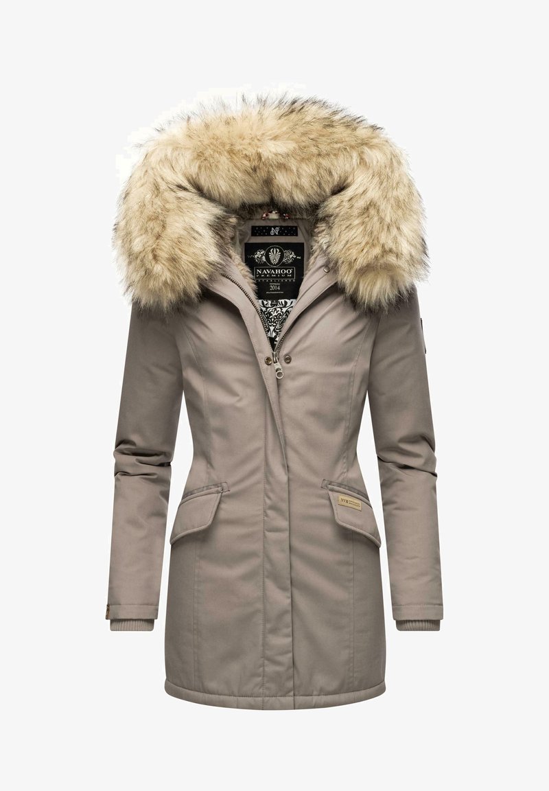 Beige parka jacket with a large faux fur hood, dual front pockets, and ribbed cuffs. Features a zipper and button closure with brand label inside.