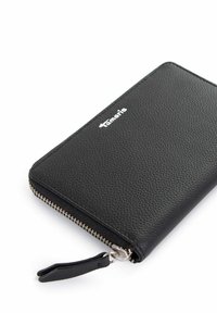 Black leather wallet with a textured finish, zip closure, and silver hardware. Features a small black wrist strap and embossed logo.