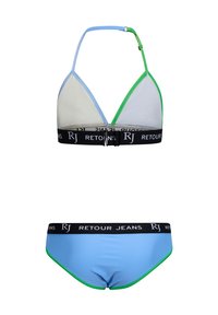 Costume da bagno composto da un reggiseno bikini triangolare bianco e azzurro chiaro con dettagli verdi e un elastico nero, abbinato a slip bikini blu.