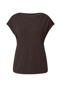 Haut marron à manches courtes avec un large col et une coupe décontractée. Fabriqué en tissu doux, présentant une texture lisse et un design simple.