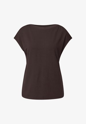 Braunes, kurzärmliges Oberteil mit weitem Ausschnitt und lässigem Schnitt. Hergestellt aus weichem Stoff, mit glatter Textur und einfachem Design.