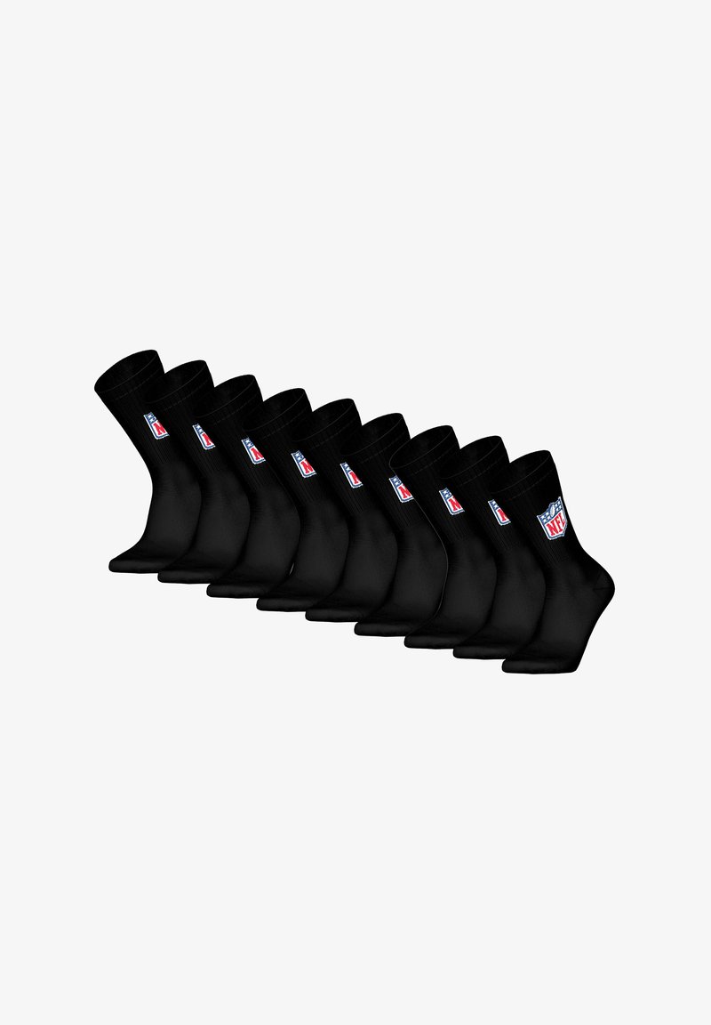 Ti par sorte crew-sokker med NFL-logo på anklen, arrangeret i en let buet linje på en hvid baggrund.