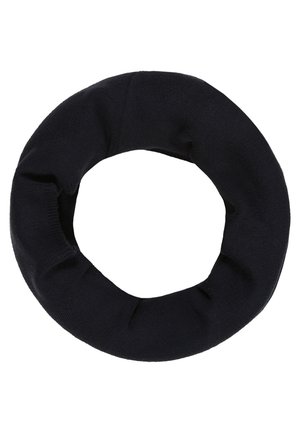 Zwarte gebreide cirkel sjaal met zachte stof en geribbelde structuur, ontworpen om om de hals te wikkelen voor warmte en stijl.
