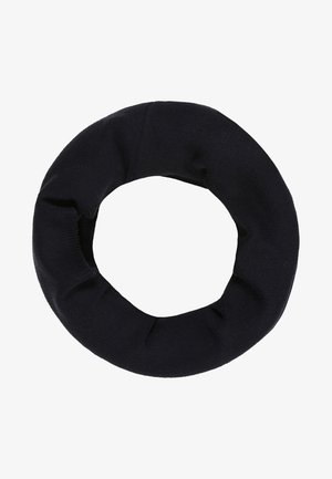 Écharpe circulaire noire en tricot avec tissu doux et texture côtelée, conçue pour s'enrouler autour du cou afin d'assurer chaleur et style.