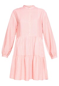 Abito rosa chiaro con strisce bianche verticali, chiusura frontale con bottoni, maniche a palloncino e design a gonne sovrapposte. Tessuto morbido con una silhouette fluida.