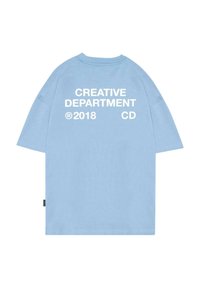Blue short-sleeve t-shirt featuring large white text on the back reading "CREATIVE DEPARTMENT ®2018 CD." Made from soft cotton fabric.
