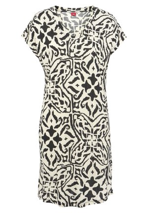 Kurzärmliges V-Ausschnitt-Kleid aus einem leichten Stoff mit einem schwarz-weißen abstrakten Muster, locker geschnitten und mit dezenten seitlichen Schlitzen.