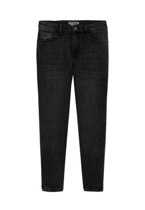 Jean en denim noir avec une coupe slim, design à cinq poches, fermeture par bouton et fermeture éclair. Le tissu présente une légère texture.