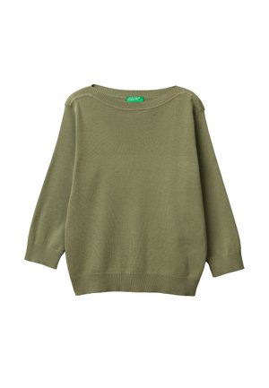 Olivgrüner Pullover mit Rundhalsausschnitt, langen Ärmeln, gerippten Bündchen und Saum, leichter Strickstoff und grünem Markenetikett innen am Hals.