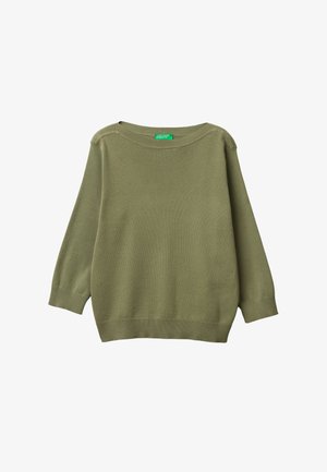 Olijfgroene sweater met ronde hals en lange mouwen, geribbelde boorden en zoom, lichtgewicht gebreide stof en een groen merklipje aan de binnenkant van de hals.