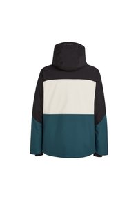 Kleurgeblokte jas met een zwarte capuchon, een crèmekleurig bovenstuk en een turquoise onderstuk. Glad polyestermateriaal, normale pasvorm, geen zichtbare hardware.