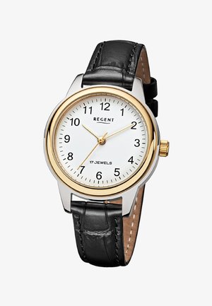 Montre analogique avec cadran blanc, lunette dorée, bracelet en cuir noir et chiffres noirs affichant l'heure 10:10:35.