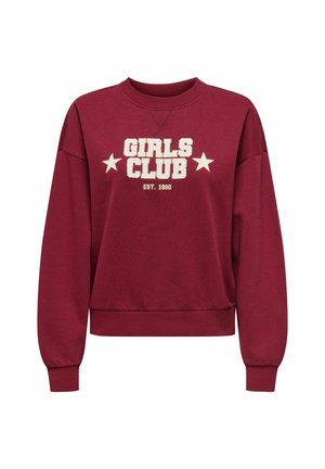 Pruunipunane dressipluus soonikkoelusega kaeluse, langevate õlgade ja pikkade varrukatega. Disainil on valge tooniga "GIRLS CLUB" ja tähed.