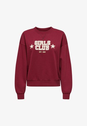 Pruunipunane dressipluus soonikkoelusega kaeluse, langevate õlgade ja pikkade varrukatega. Disainil on valge tooniga "GIRLS CLUB" ja tähed.