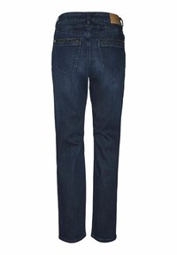 Jeans de mezclilla azul oscuro con corte recto, que cuentan con dos bolsillos traseros y costuras decorativas a lo largo de los bordes de los bolsillos.