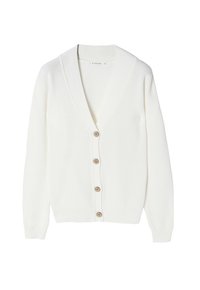 Cardigan blanco de punto con un profundo escote en V, cinco botones de madera en la parte delantera, puños acanalados y un corte holgado. Textura suave, sin patrones.