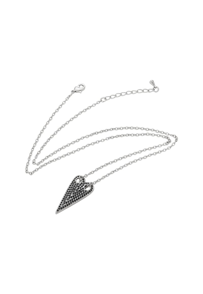 Sølv kæd necklace med en sort stenbesat, forlænget trekantet pendul og svirvelkrog på hvid baggrund.