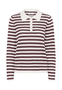 Stickad tröja med långa ärmar, vinröda och vita horisontella ränder, en klassisk krage och knappslå, med ett texturerat tyg.