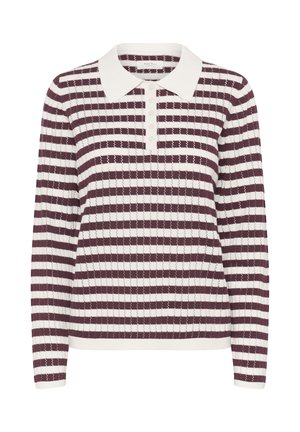 Megztinis su ilgomis rankovėmis, bordo ir baltos spalvos horizontalios juostos, klasikinis apykaklė ir sagų eilutė, pagamintas iš faktūrinės medžiagos.