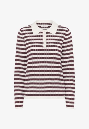 Pletený sveter s dlhými rukávmi, bordovo-biele horizontálne pruhy, klasický golier a zapínanie na gombíky, s textúrovanou tkaninou.