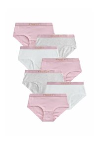 Set di sette paia di biancheria intima in cotone, nei colori rosa, grigio e bianco, con una cintura abbinata che presenta la scritta "next" in oro.