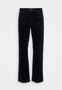 Svarta kordbyxor med rak ben-design, featuring knappstängning, bälteshällor och ribbad textur.