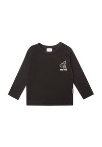 Long-sleeve black shirt made of cotton with a round neckline and shoulder snaps. Features white graphic design of a cupcake and text "BOO CREW."