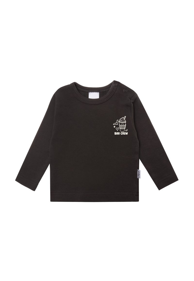Long-sleeve black shirt made of cotton with a round neckline and shoulder snaps. Features white graphic design of a cupcake and text "BOO CREW."