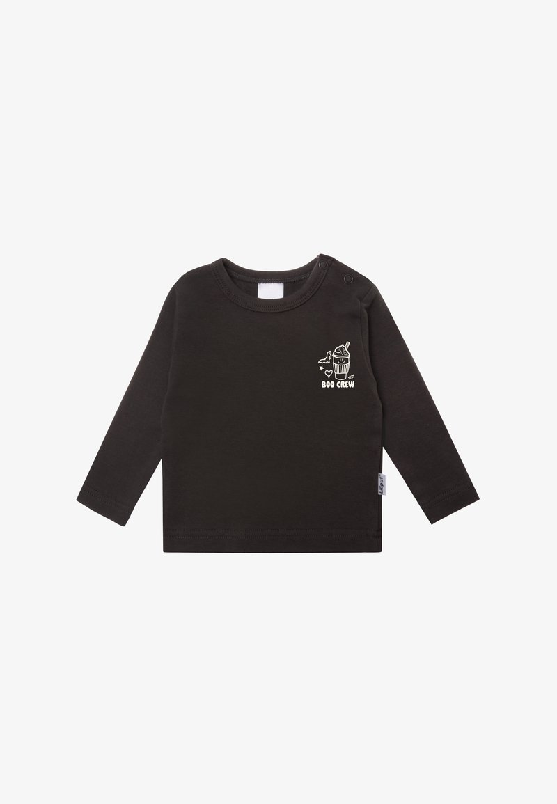 Long-sleeve black shirt made of cotton with a round neckline and shoulder snaps. Features white graphic design of a cupcake and text "BOO CREW."