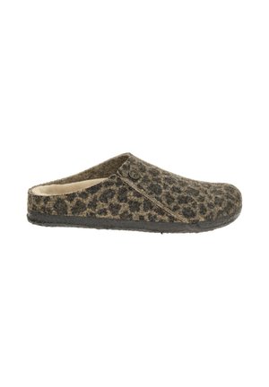 Brown and black leopard print slip-on slipper with soft lining and black sole, side view.