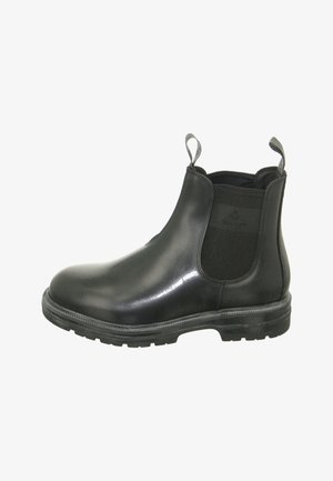 Schwarze Leder Chelsea-Stiefel mit elastischen Seiteneinsätzen, runder Zehenpartie und strukturiertem Sohlenprofil. Mit Zuglaschen an beiden Seiten für ein einfaches An- und Ausziehen.