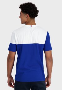 T-shirt à manches courtes avec une moitié inférieure bleue et une moitié supérieure blanche, en coton, col rond, avec un petit accent rouge, blanc et bleu à l'arrière.