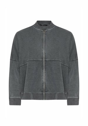Grijze zip-up bomberjack met een ronde halslijn, ontspannen pasvorm, ribgebreide manchetten en kenmerkende stikdetails. Zachte, licht geweven stof.